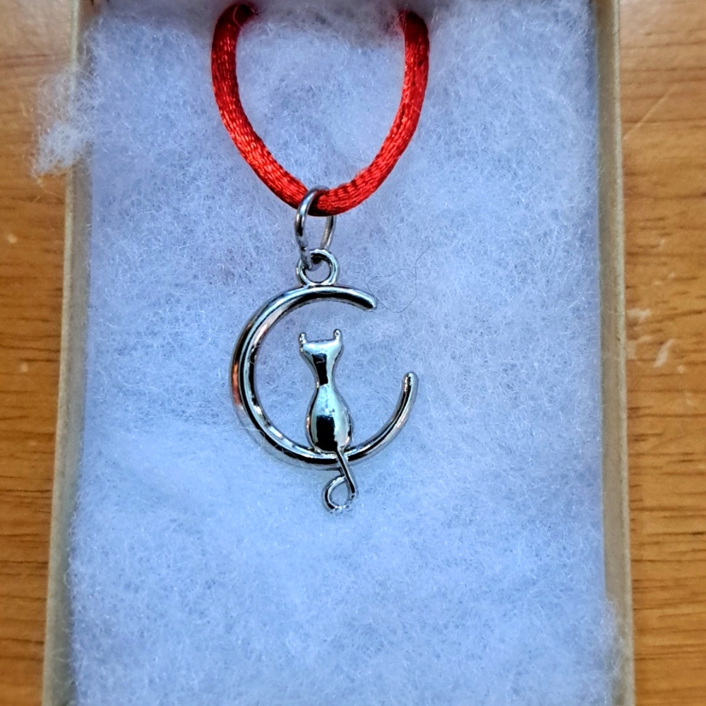 Silver Cat In Moon Necklace